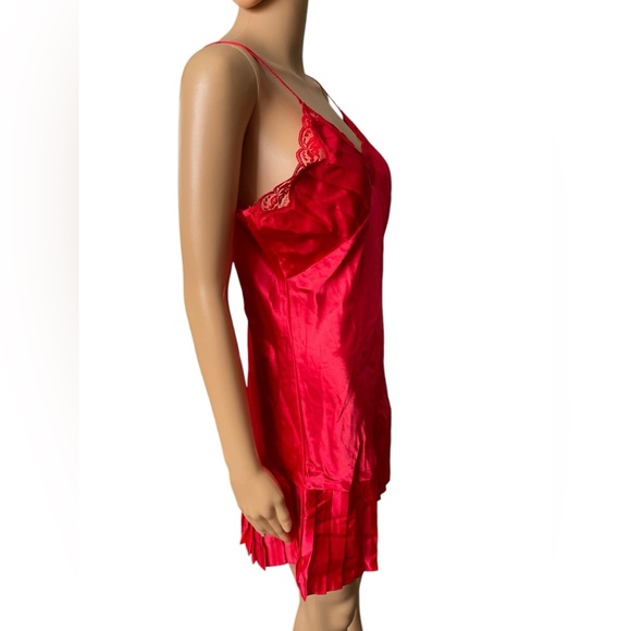 Lady Cameo Vintage 90s Red Satin Silky Pleated Lingerie Intimate Mini Slip Dress - Picture 3 of 6